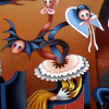 <b>Les Voyageurs du Tortillard</b><br/>Huile sur skateboard<br/>8 x 32 pouces<br/>Octobre 2023